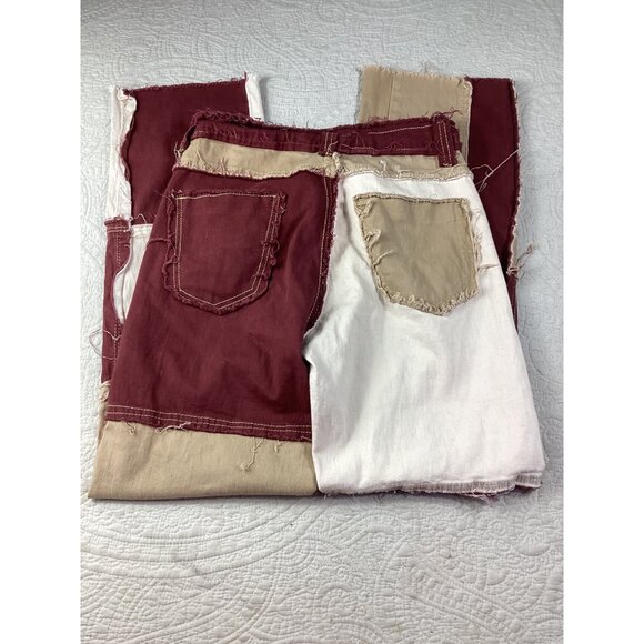 Y2K Distressed Patchwork Straight Jeans Womens Small Beige Black Grunge Rock - Picture 3 of 9